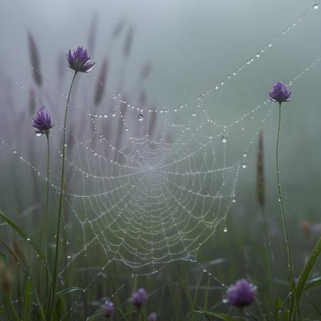 dew drops on a spider web with purple wild flowers in the backgroundの素材