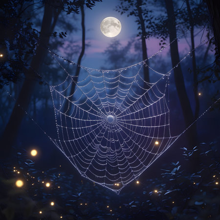 spider web in the forest at night with full moon and starsの素材