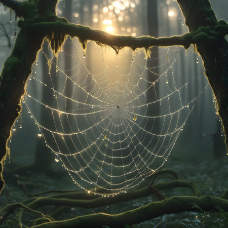 Mysterious spider web with dew drops in the forest at sunriseの素材