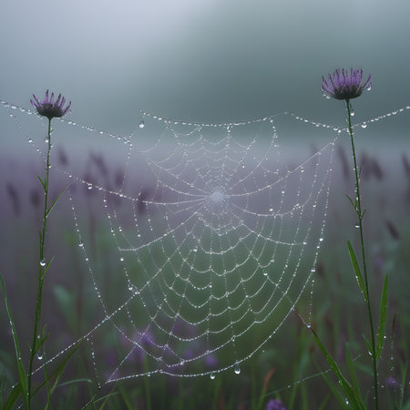 Morning dew on a spider web in the meadow with purple flowersの素材
