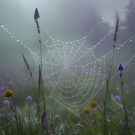 Spider web with dewdrops in the morning mist. Nature background.の素材
