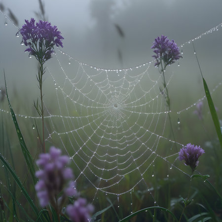 Morning dew on a spider web in the meadow with purple flowersの素材
