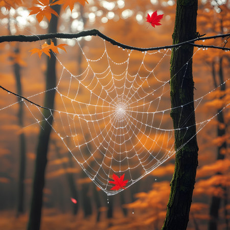 Autumn leaves and cobwebs in the misty forest.の素材