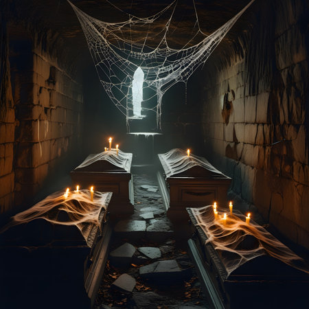 Halloween concept. Scary cobwebs in the dark dungeon. 3d renderingの素材
