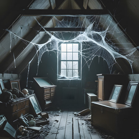 Scary halloween interior with cobwebs and spiders. Halloween concept. 3D Renderingの素材