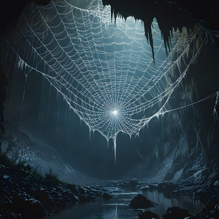 spider web in the cave with water and light, 3d illustrationの素材