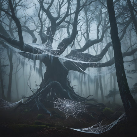 Mysterious dark forest with cobwebs and fog. Halloween backgroundの素材