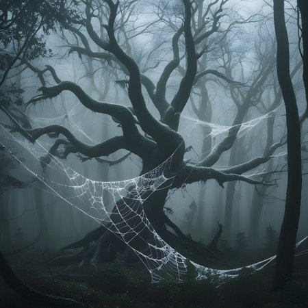 Mysterious dark forest with spider web and fog. Halloween backgroundの素材
