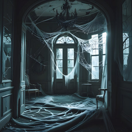 Halloween interior with cobwebs on the windowsill. 3d renderingの素材