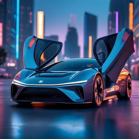 3D rendering of a brand-less generic concept car in the cityの素材