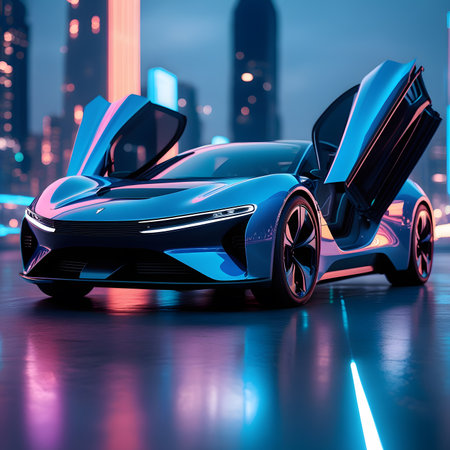 3D render of a brand-less generic concept car in the cityの素材