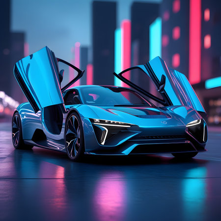 3D rendering of a brand-less generic concept car in the cityの素材