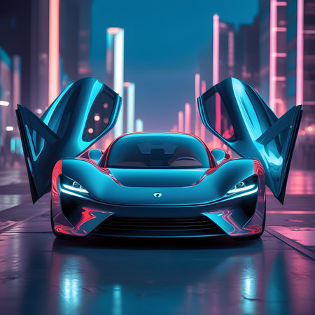 Modern car in the city at night. Concept of technology. 3D renderingの素材