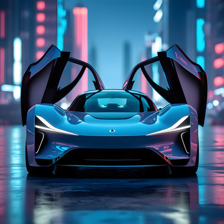 3D rendering of a brand-less generic concept car in the cityの素材