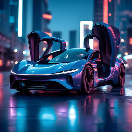 3D rendering of a blue sports car in the city at nightの素材