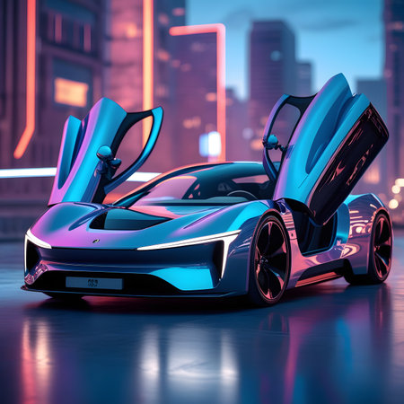 3D render of a futuristic concept car in the city at nightの素材