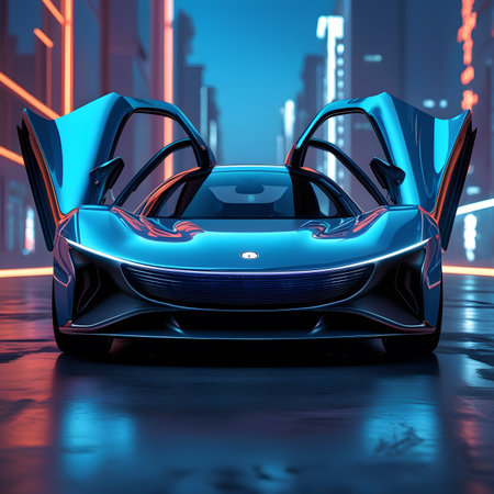 3D rendering of a brand-less generic concept car in a futuristic environmentの素材