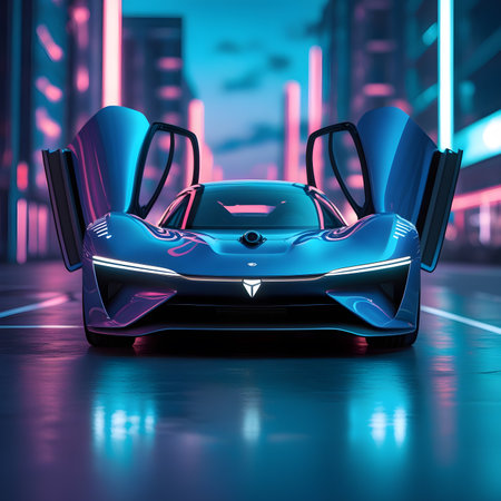 3d rendering of a super car on the road in the cityの素材