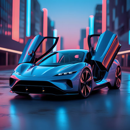 3d render of a blue sport car in the city at nightの素材