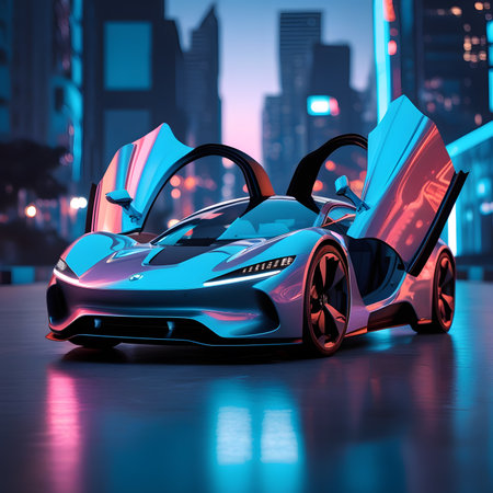 3D rendering of a brand-less generic concept car in the cityの素材