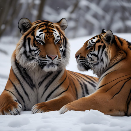 Two tigers in the snow. Close-up of a Siberian tiger.の素材