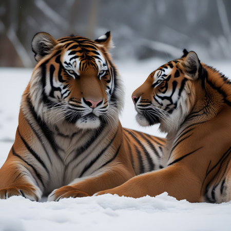 Two Siberian tigers in the snow, Panthera tigris altaicaの素材