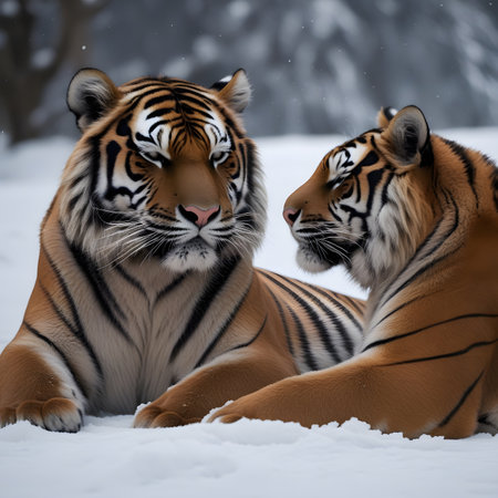 Two tigers in the snow, Panthera tigris altaicaの素材