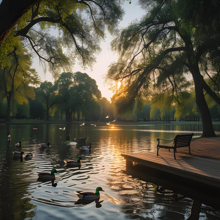 Beautiful lake with ducks in the park at sunset, Beijing, Chinaの素材