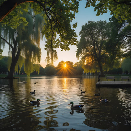 Ducks swimming in the lake at sunset in Beijing, China.の素材