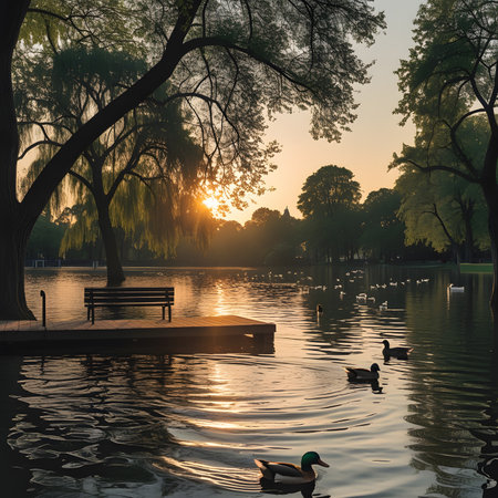 Lake in the park at sunset with ducks and swans in the waterの素材