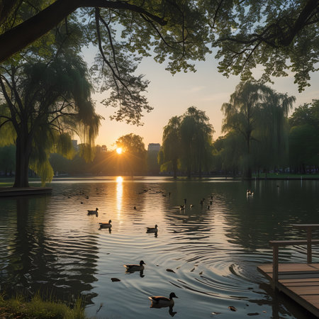 Sunset in the park with ducks in the water, Beijing, Chinaの素材