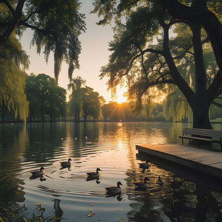 Beautiful lake with ducks in the park at sunset, Beijing, Chinaの素材