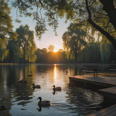 Beautiful landscape of a lake with ducks at sunset in the parkの素材