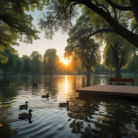 Beautiful lake with ducks in the park at sunset, Beijing, Chinaの素材