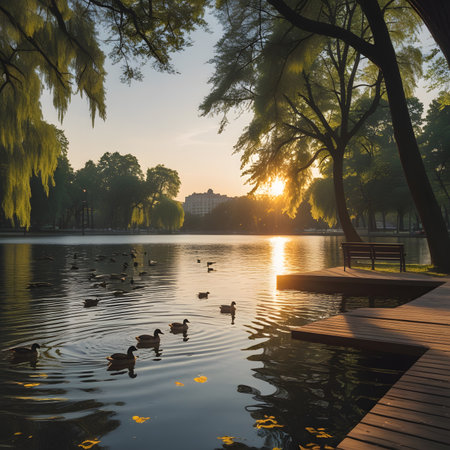 Beautiful lake in the park at sunset with ducks in the waterの素材