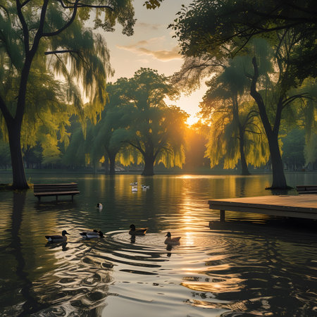 Beautiful landscape with lake and trees in the park at sunset.の素材