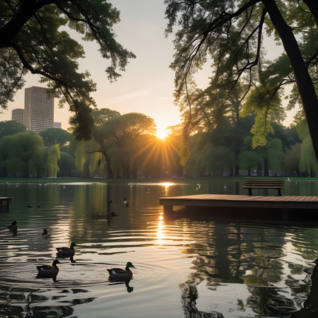 Lake in the city park with trees and ducks in the evening.の素材