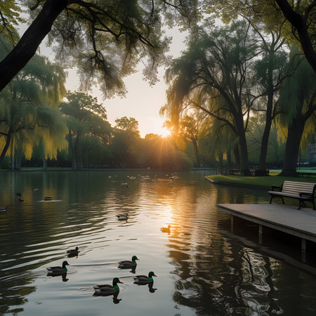 Beautiful landscape of the lake and trees in the park at sunsetの素材