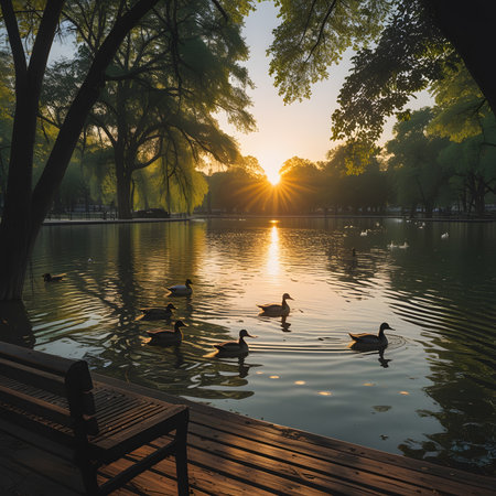 Ducks swimming in the lake in the park at sunset, Beijing, Chinaの素材