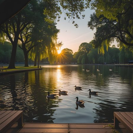 Beautiful view of lake with ducks and swans at sunset.の素材