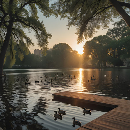 Beautiful view of a lake with ducks in the park at sunsetの素材