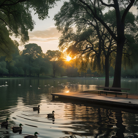 Beautiful landscape of lake with ducks in the park at sunset.の素材