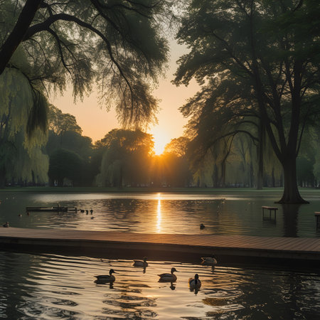 Sunset in the park with ducks and swans in the lakeの素材