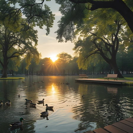Beautiful lake with ducks in the park at sunset, Hangzhou, Chinaの素材