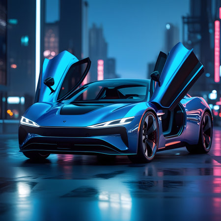 3D rendering of a brand-less generic concept car in the cityの素材