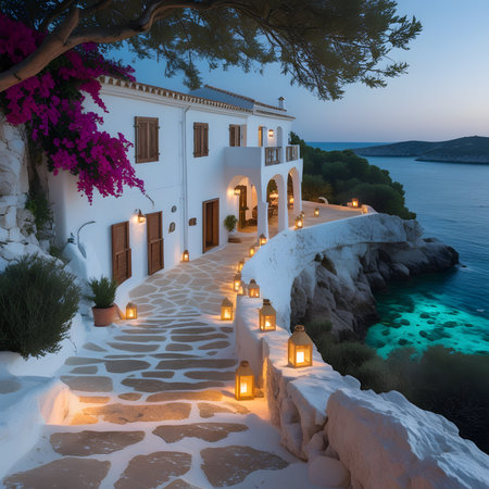 Lanterns on the stairs leading to the sea at nightの素材