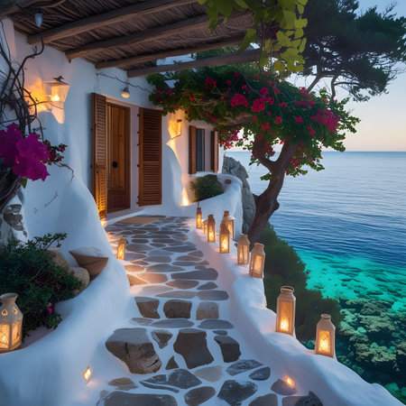 Luxury villa on the shores of the sea at sunsetの素材