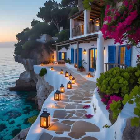 Lanterns on the stairs leading to the sea at sunsetの素材