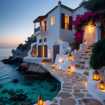 Beautiful view of luxury villa on the beach at sunset, Greeceの素材