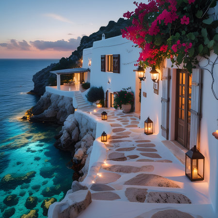 Greece, Santorini island, Cyclades, white villas at sunsetの素材